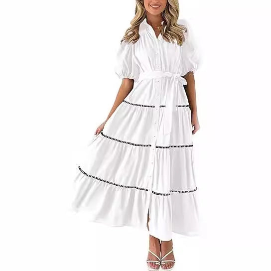 maoxiangshop 2024 Women's Clothing Puff Sleeve Lace Layered Pleated Short-sleeved Shirt Dress