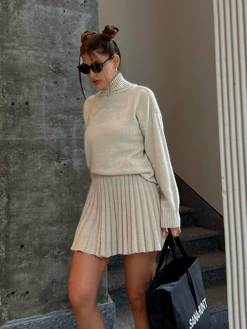 maoxiangshop outfit inspo Suit Women's Fashion Turtleneck Knitted Sweater Women's Autumn and Winter Solid Color Pleated Skirt Short Skirt Two-Piece Set