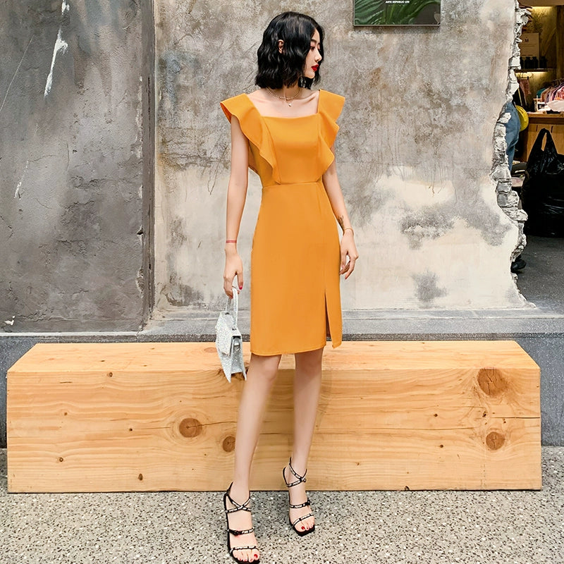 Small yellow evening dress, female banquet temperament, short dress, party small host can usually wear high-end sense