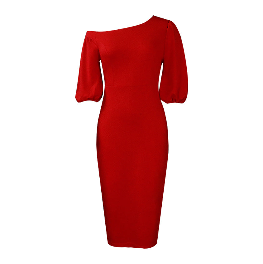 2025 D218 2025 women's clothing popular summer new solid color slanted shoulder bubble sleeves OL temperament Tongle large size New dress