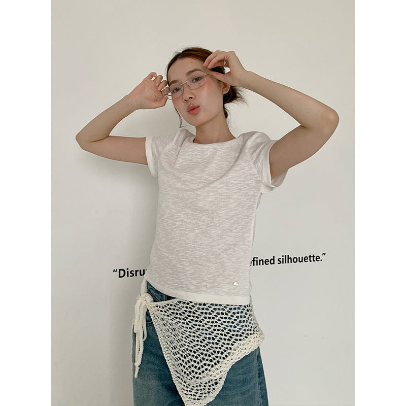 2025 kink backless design short-sleeved T-shirt women's 2025 summer Korean simple solid color top 015AX