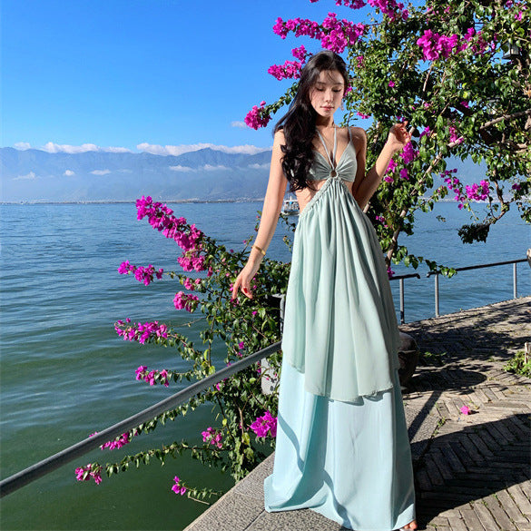 2025 Mint Green Vacation Fairy Suspender Dress Summer Beauty Neck Seaside Vacation Halter Dress Dress