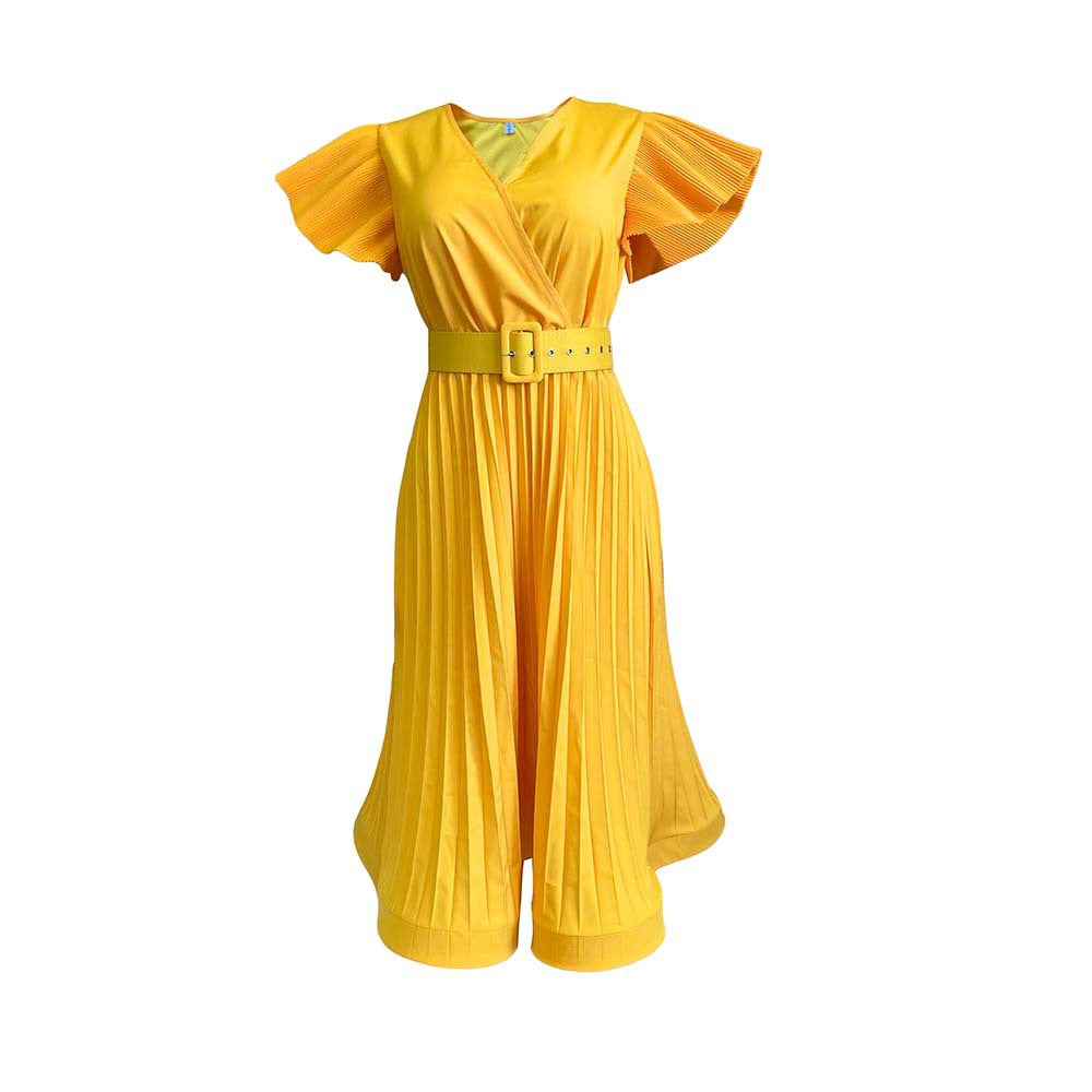2025 D215 free belt 2025 new summer V-neck waist pleated temperament commuting Popular trade large size New dress