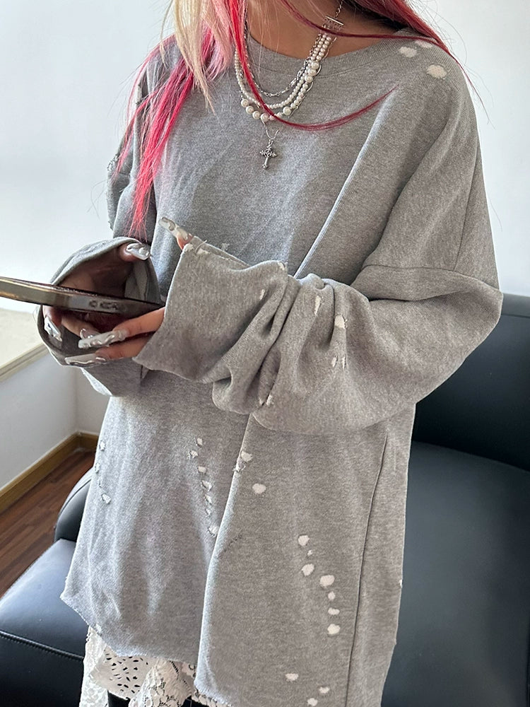 Lazy Wind Grey Long Sleeve Sweater Autumn Popular Simple Versatile Loose Fleece Shirt Design Sense Top Women