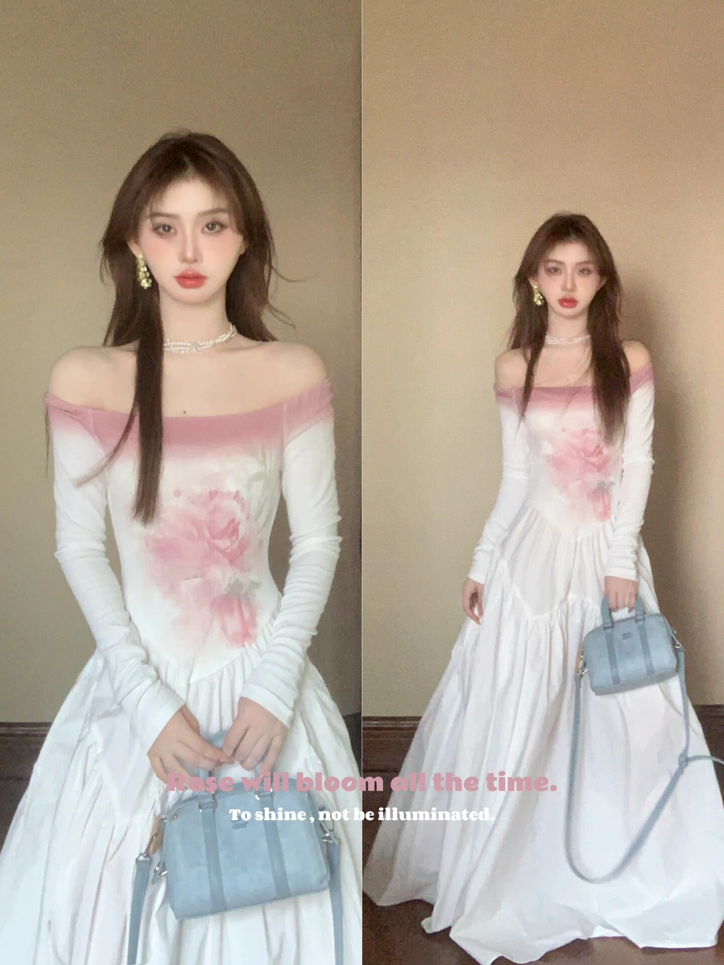 "Misty Kyoto" shoulder gradual change flower print long-sleeved dress women's autumn pit strip splicing big swing dress