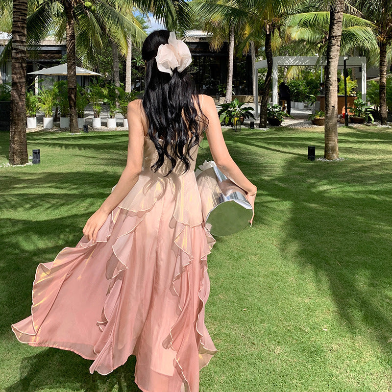 2025 Mermaid Ji gradually changes the lotus leaf edge fairy skirt summer temperament suspender long skirt super fairy heavy industry seaside vacation dress