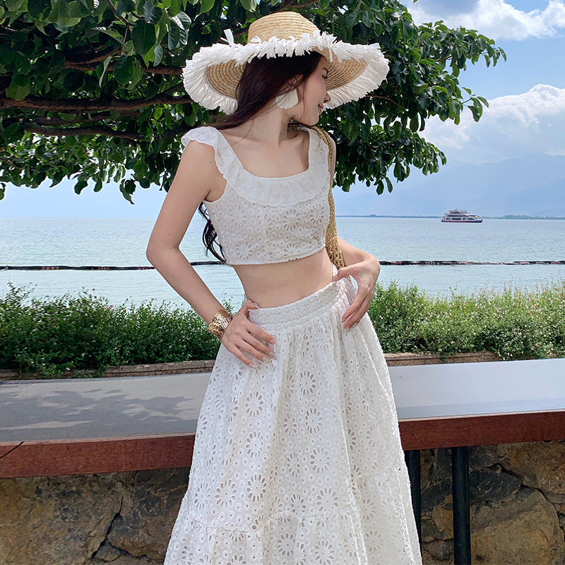 Holiday style white embroidery hollow lace suit skirt summer temperament small vest half-length skirt two-piece set