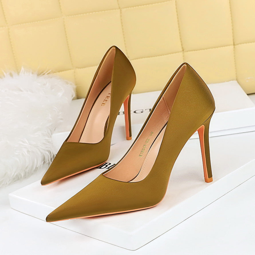 1983-2 Korean version of spring and autumn fashion simple satin high heels thin heels shallow mouth pointed women's shoes banquet high heels single shoes
