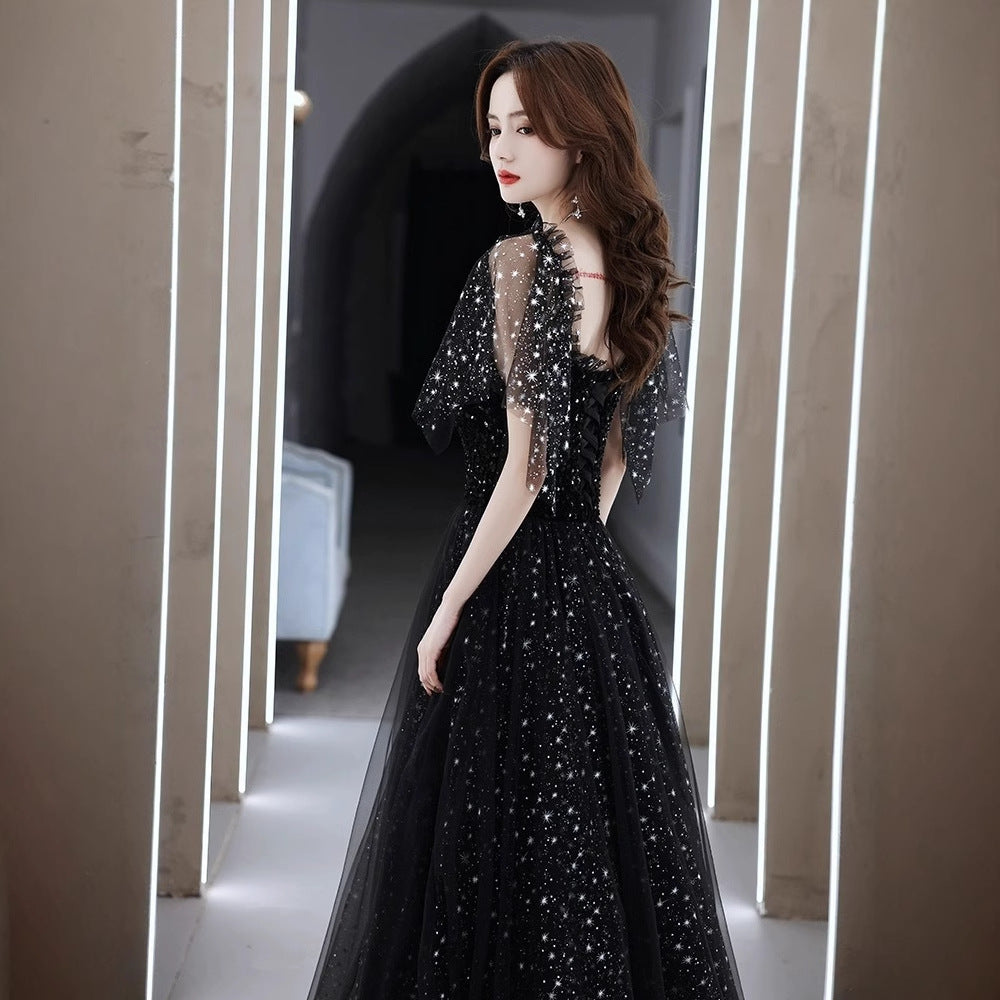 2025 Black adult birthday party evening dress female high-end light luxury niche advanced sense art test performance host