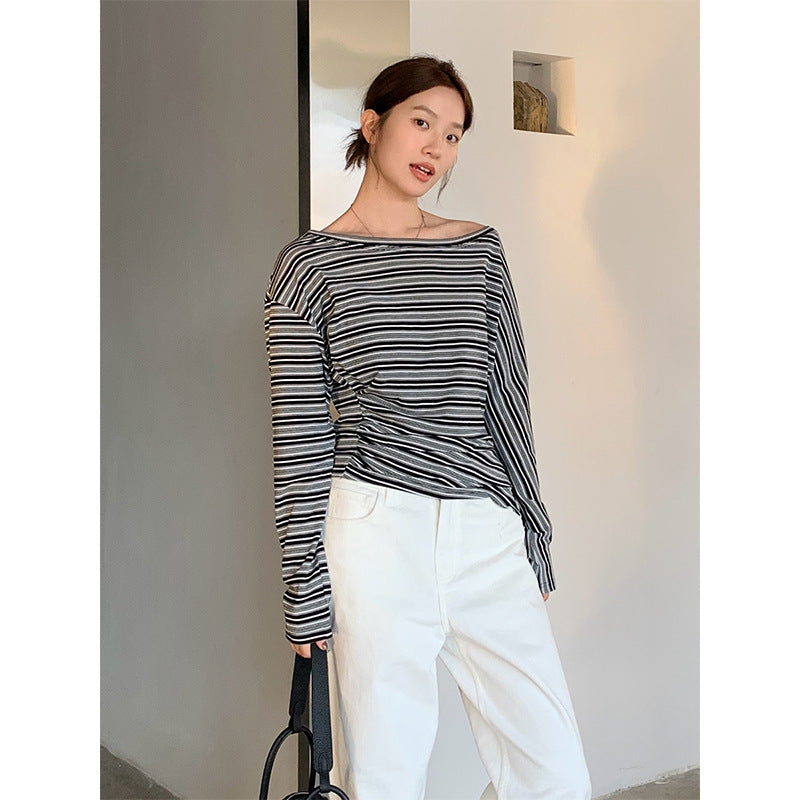 2025 Tencel striped contrasting color long-sleeved T-shirt women's 2025 spring new pleated versatile top T268