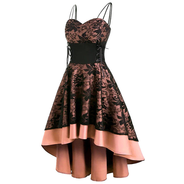 maoxiangshop group halloween costumes Vintage Strap Tube Top Fishtail Lace Hollow-out Lace-up Slim Fit Large Swing Dress for Women Dress