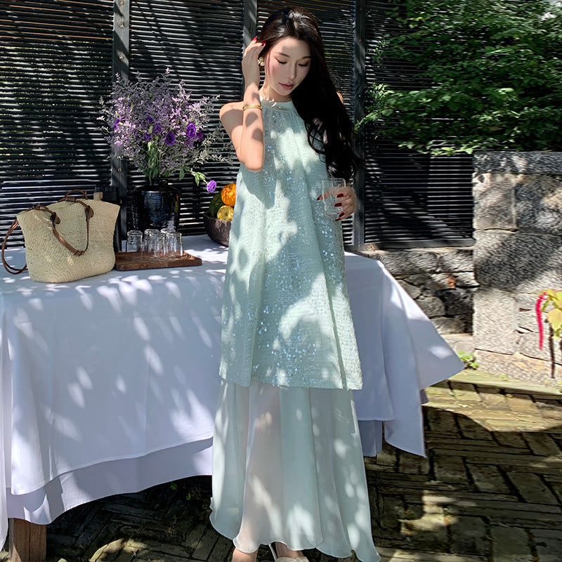 sequined holiday style skirt women's summer new bow sleeveless dress mesh stitching fake two-piece long dress