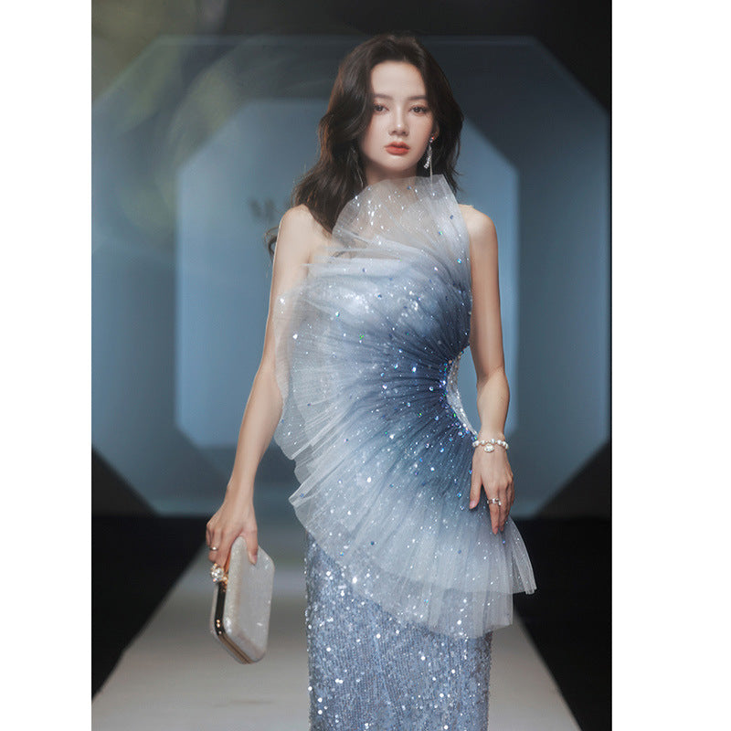 Banquet evening dress women's 2025 new elegant temperament annual meeting host tube top fishtail catwalk performance dress