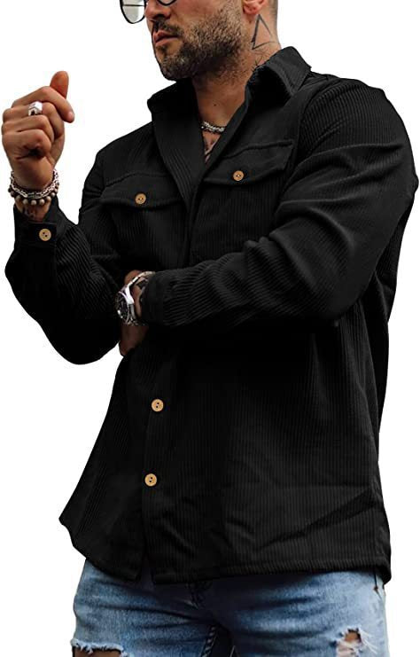 maoxiangshop-shop masculine men Men's New Corduroy Fashion Workwear Jacket Striped Casual Jacket Retro Double Pocket Versatile Shirt