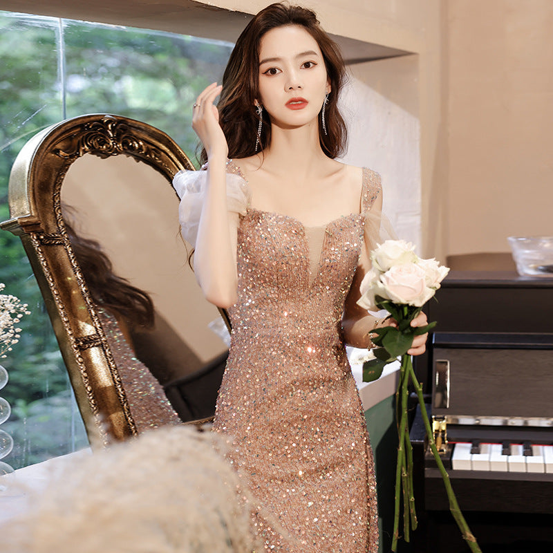 Banquet evening dress fishtail skirt 2025 new spring light luxury niche sequins annual meeting host performance dress skirt