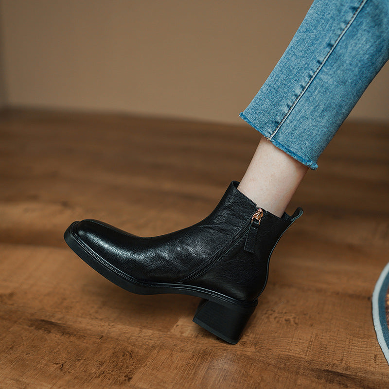 2025 retro square head medium heel thick heel belt buckle short boots femininity side zipper British retro and ankle boots