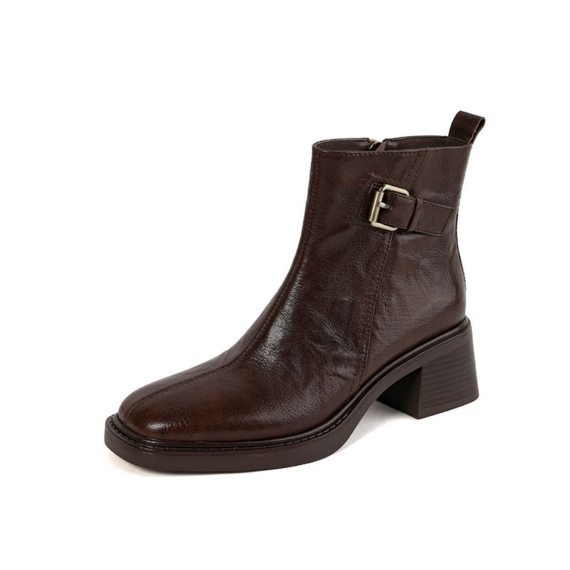 2025 retro square head medium heel thick heel belt buckle short boots femininity side zipper British retro and ankle boots