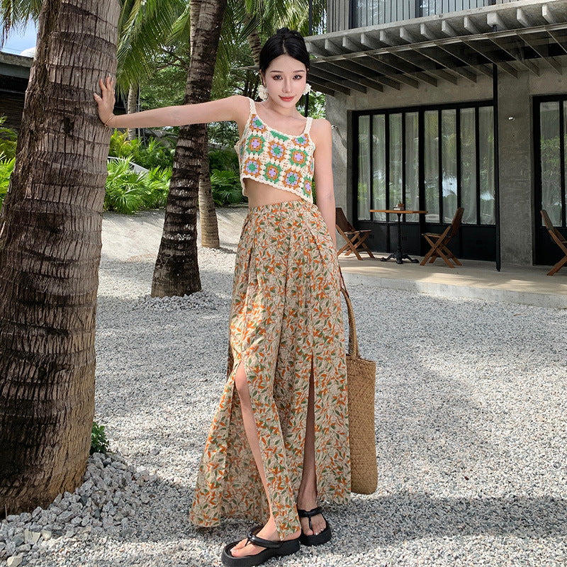 2025 Bohemian wide-leg pants women's Sanya seaside vacation floral beach pants high-waisted split-ended drape floor pants