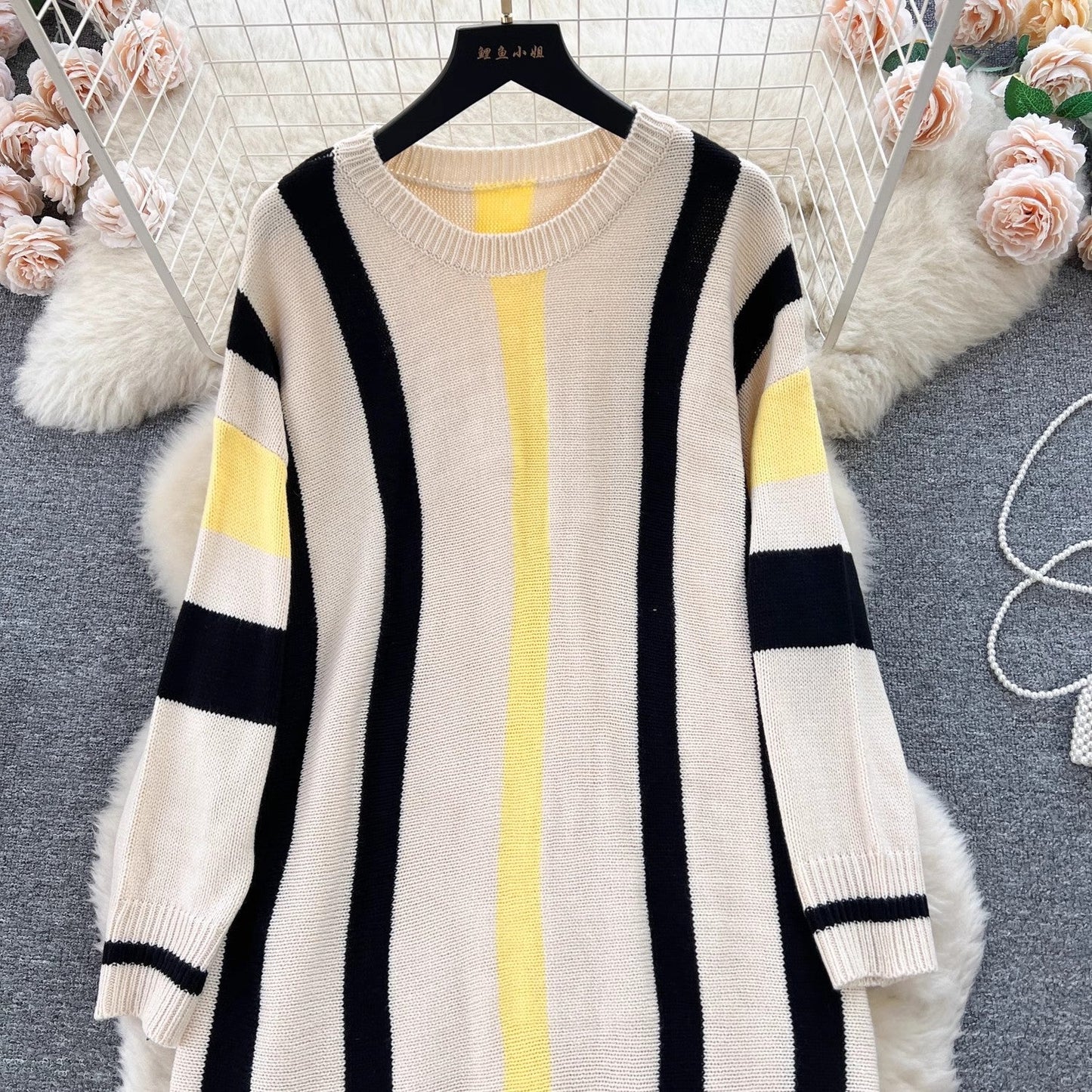 maoxiangshop business casual outfits Lazy Style Dress Women's Autumn and Winter Loose Casual Underwear Sweater Dress Slimming Temperament Striped Contrast Color Dress