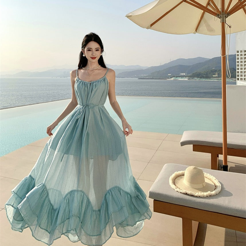 Summer seaside vacation style is unique, super good-looking lotus leaf edge suspender dress, a popular photo skirt for women this year