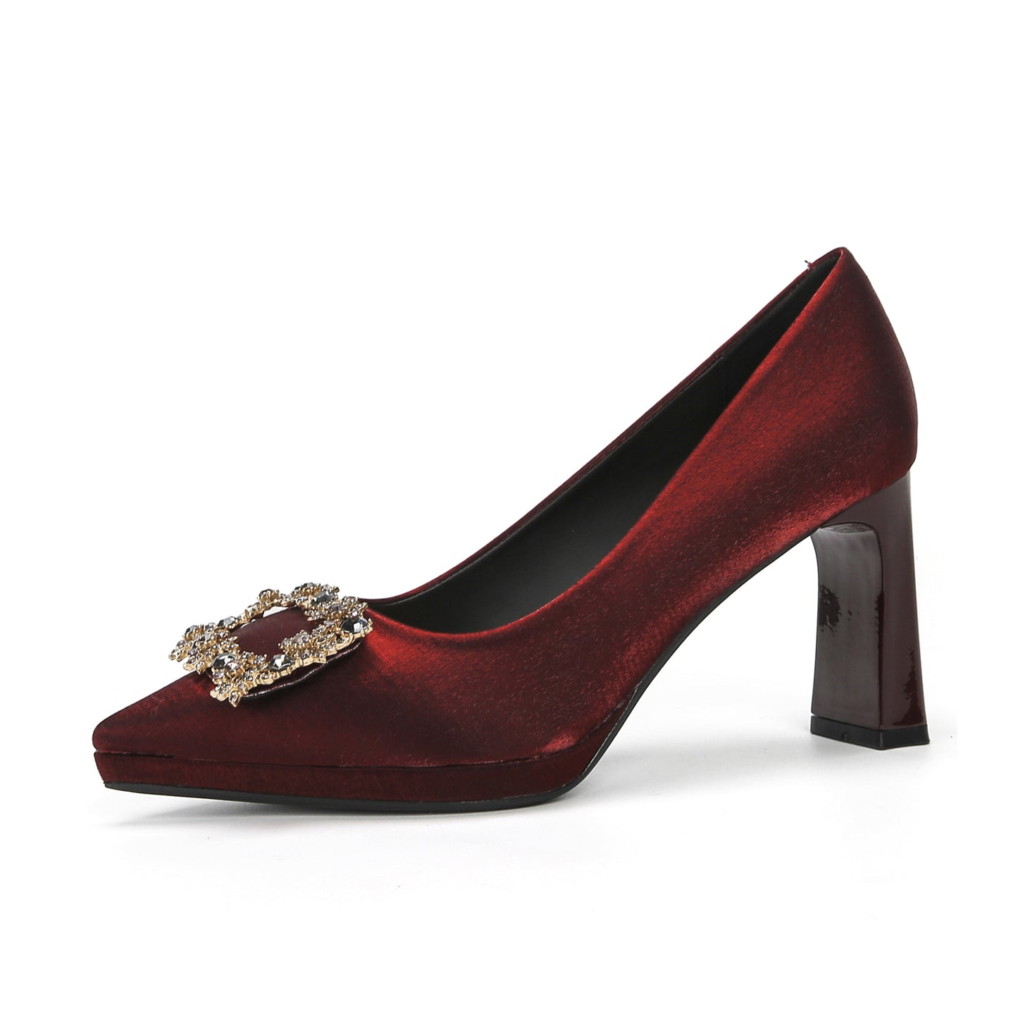 2025 8066-6 burgundy satin Xiuhe shoes square buckle pointed thick heel high heels not tired feet temperament single shoes women