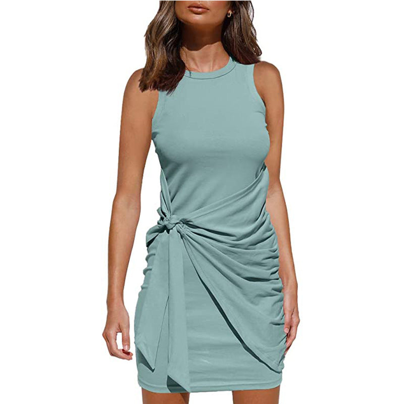 Women's Clothing Amazon Hot-selling Sleeveless Round Neck Bow Irregular Belt Dress