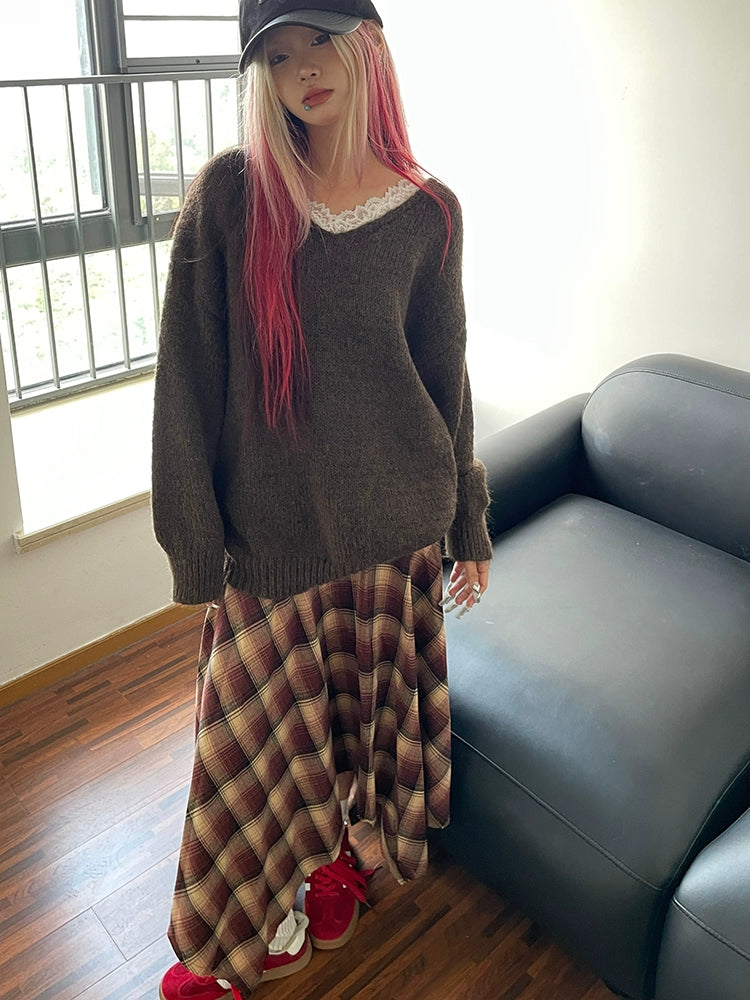Sweet Lazy Lace Splicing V-Neck Knitted Sweater Women's Autumn and Winter Pullover Loose and Skinny Outer Top