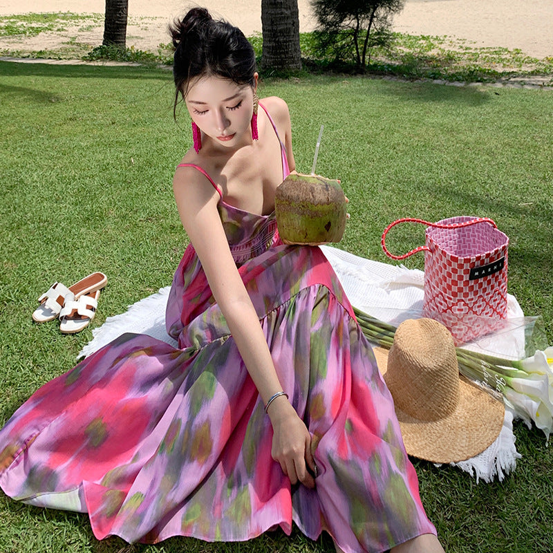 Sexy hottie deep V halter strap temperament long dress summer seaside vacation style print suspender dress