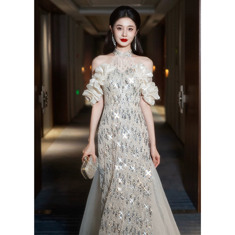 banquet evening dress women's new high-end host fishtail engagement dress high-end light luxury niche