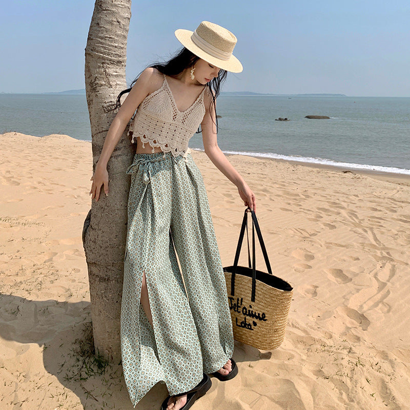2025 High-waisted wide-leg pants women's summer Yunnan Xishuangbanna vacation culottes drape and elegant floor-mopping trousers open-ended beach pants