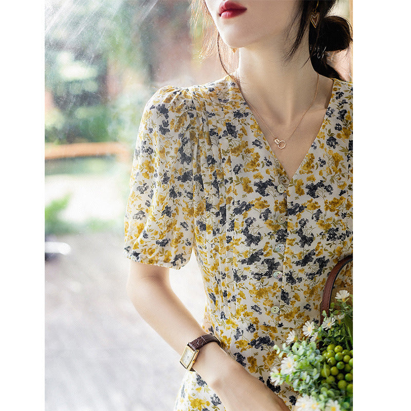 2025 Floral silk dress women's high-end bubble sleeve mulberry silk dress V-neck new women's summer
