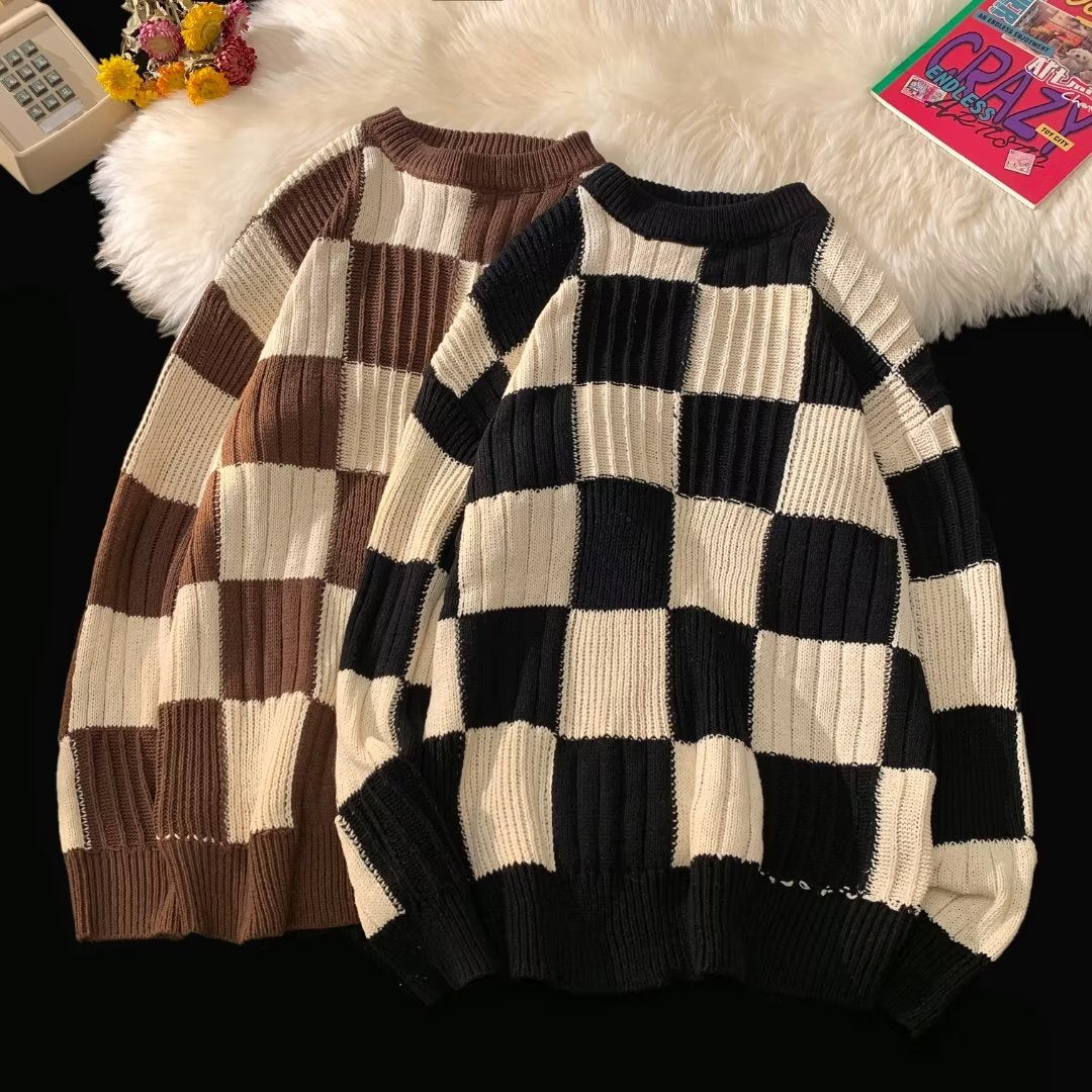 maoxiangshop-shop fall outfits aesthetic New Loose Sweater Japanese Style Lazy Retro Men's Autumn and Winter High-Grade Top Chessboard Plaid Sweater