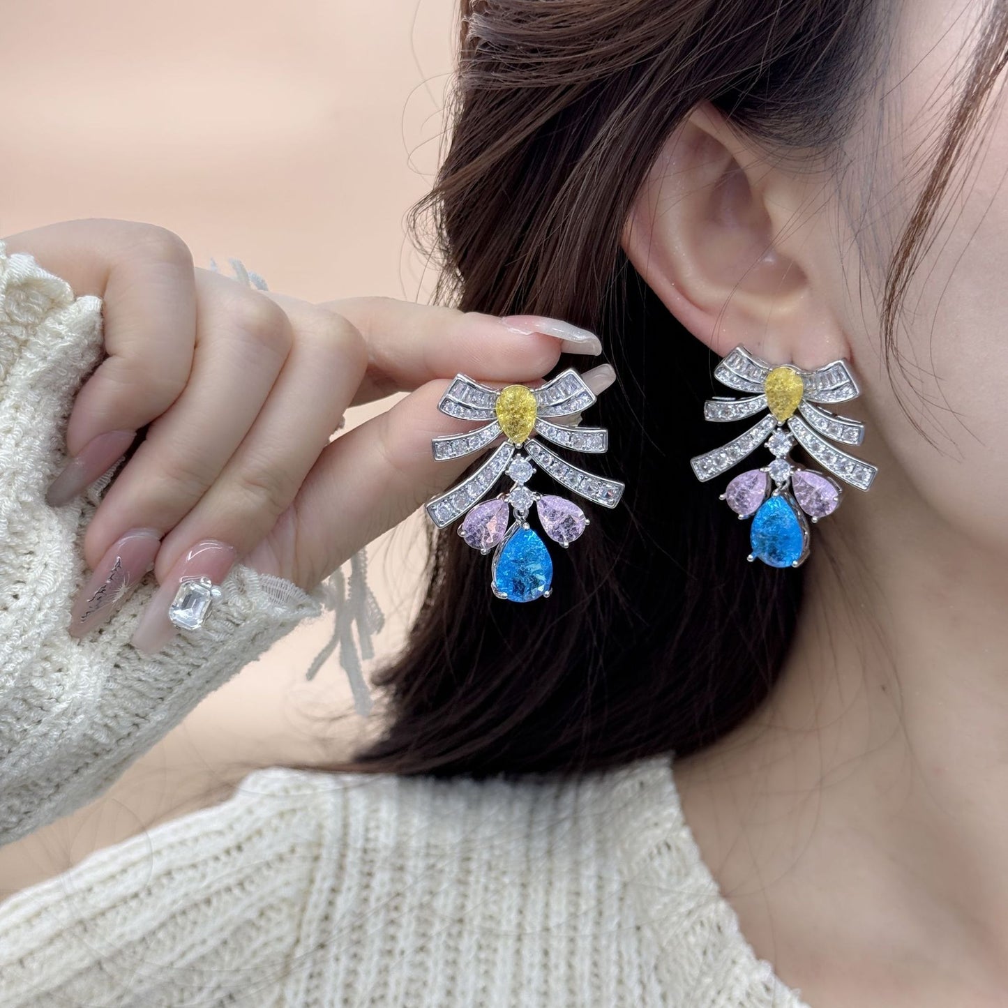 2025 light luxury bow water drop high-end earrings s925 silver needle heavy industry luxury long light luxury earrings