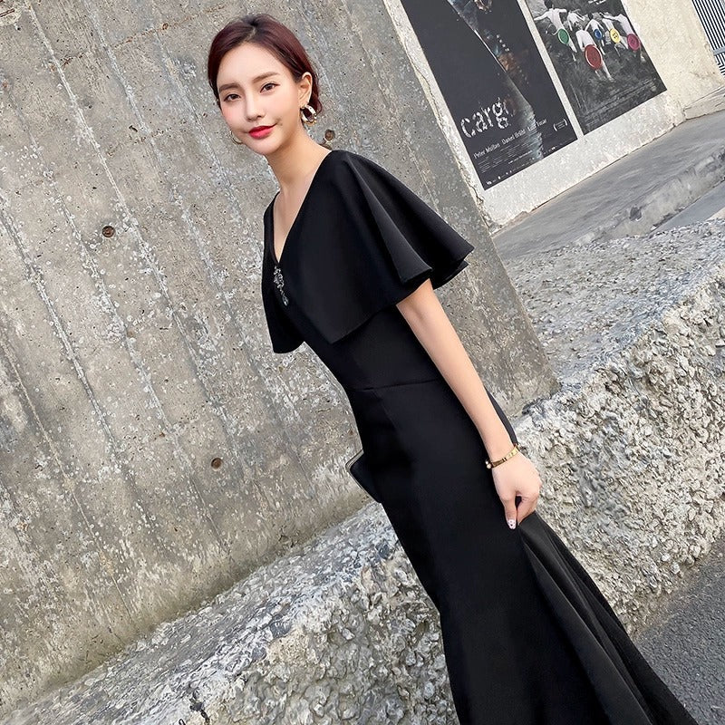 2025 Deep v-neck black evening dress women's new banquet long high-end temperament socialite host dress spring