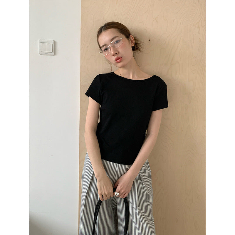2025 kink backless design short-sleeved T-shirt women's 2025 summer Korean simple solid color top 015AX