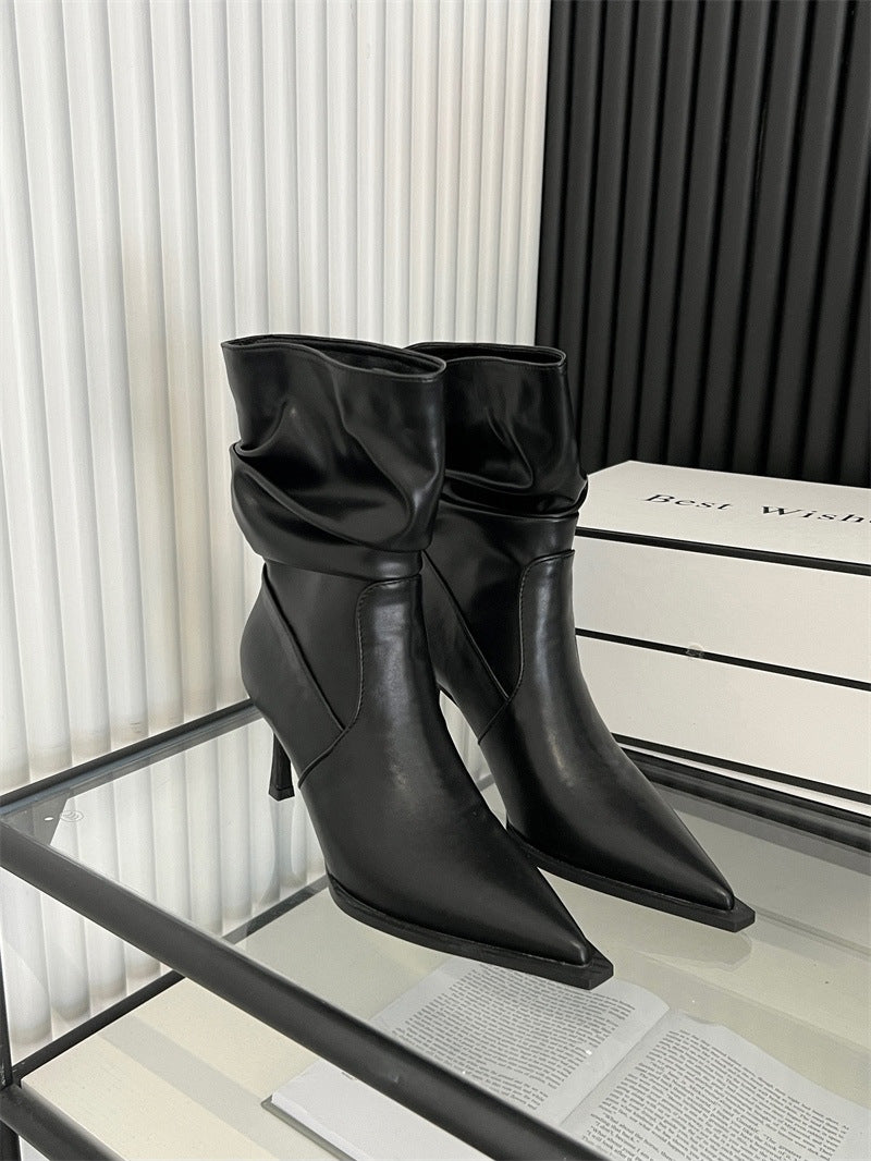 2025 retro short boots women's popular autumn and winter new hot girl sexy soft leather thin heel pointed heap high heel boots