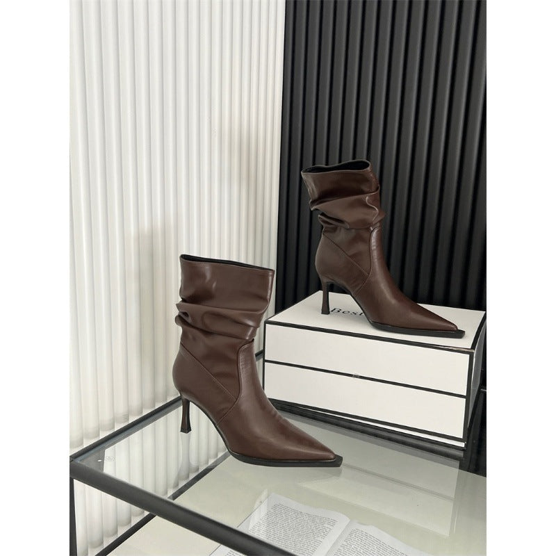2025 retro short boots women's popular autumn and winter new hot girl sexy soft leather thin heel pointed heap high heel boots