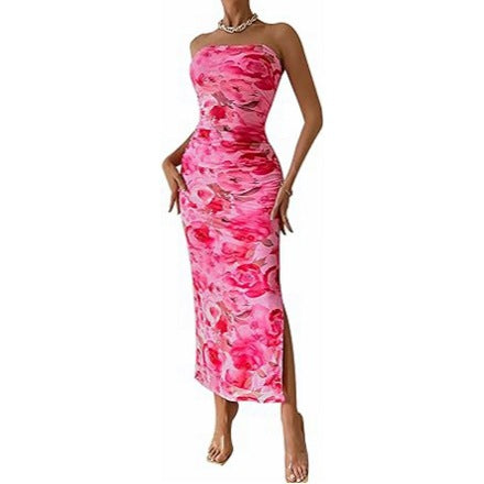 maoxiangshop 2024 Women's Clothing Spring and Summer New Tube Top and Hem Slit Sleeveless Printed Dress