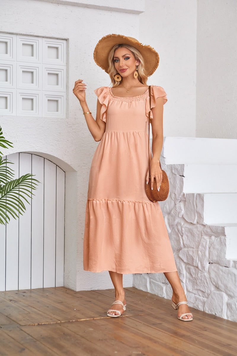 maoxiangshop Women's Clothing Flying Sleeve Square Neck Off-shoulder Pleated Hem Dress