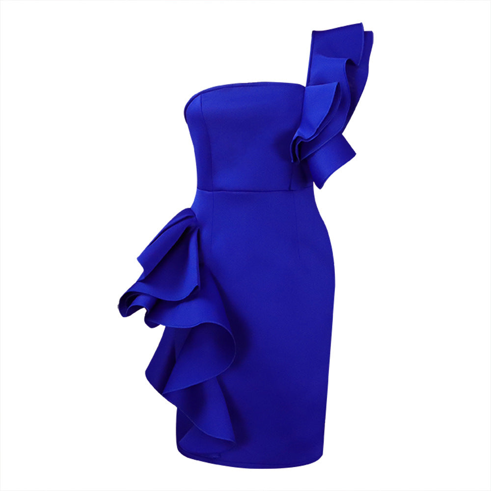 2025 D269 Cross-border Women's Clothing 2022 Summer New Oblique Neck Lotus Leaf Edge Hip Wrap Temperament Dress Large Size 2025 Dress