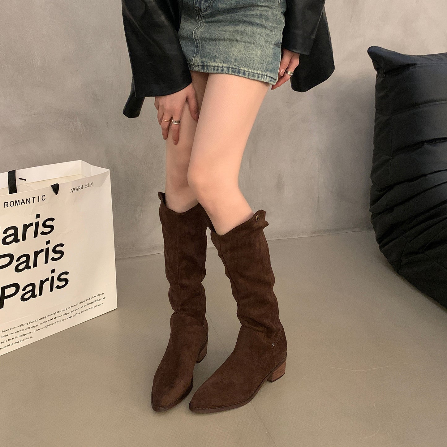 2025 Frosted suede two-wear stacking boots, new outdoor western cowboy boots V-mouth long knight boots in autumn and winter popular
