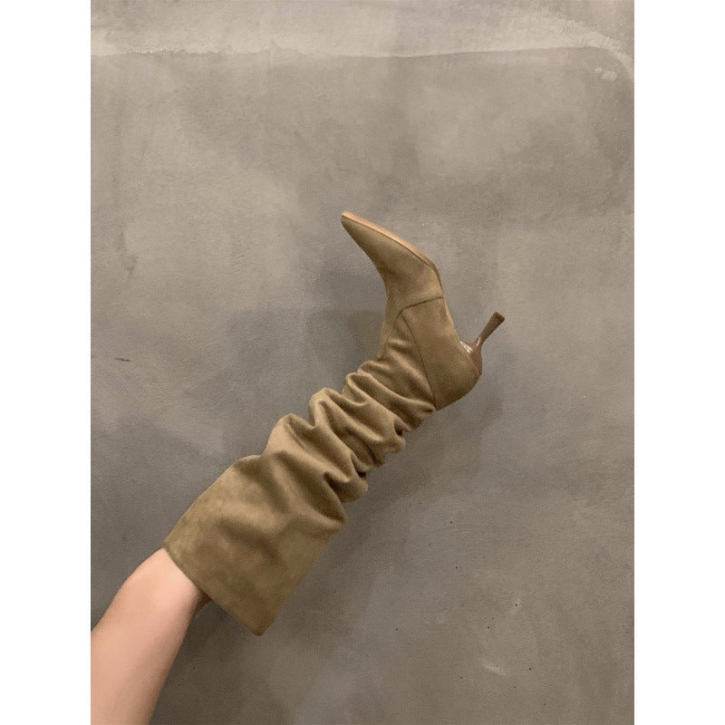 2025 High Heel Khaki Over Knee Pile Boots Women's Shoes popular New Autumn and Winter Pointed Skinny Long Knight Boots