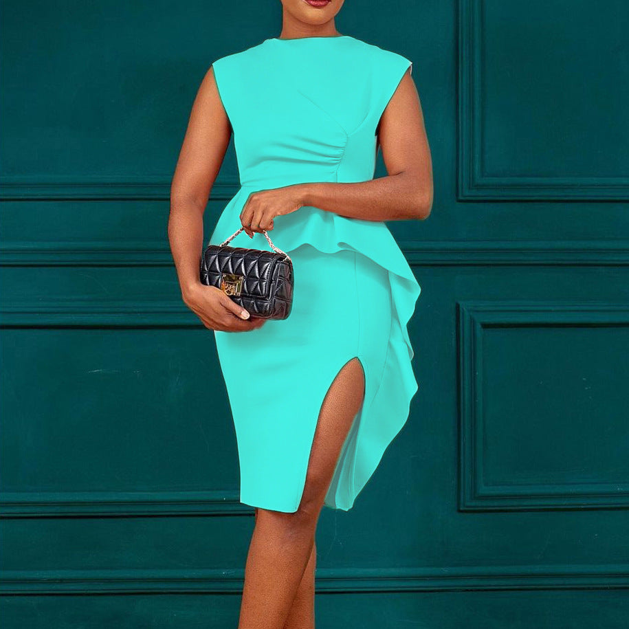 2025 D246 spot popular summer new solid color pleated ruffle edge split hip wrap professional 2025 dress
