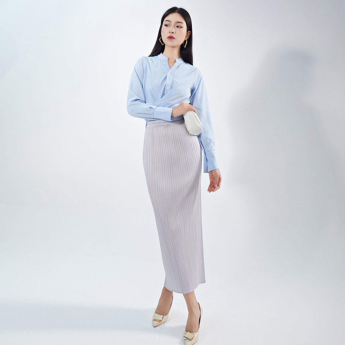 skirt, medium and long, high waist spring and summer drape solid color, high-end Popular style versatile pleated hip skirt looks thin