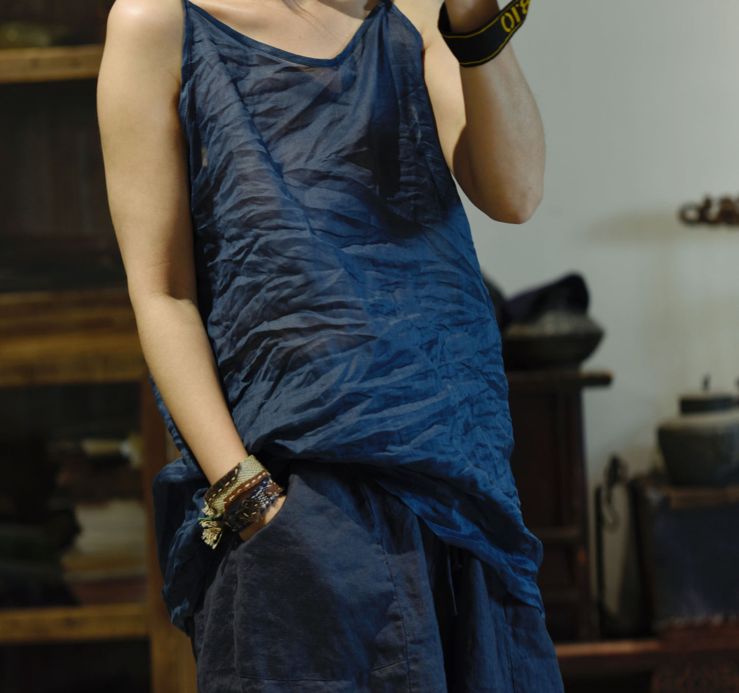 2025 24/2 Aduo, the new simple literary and retro versatile solid color bottomed ramie vest sling