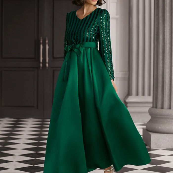 MAOXIANGSHOP popular New new sequins temperament commuting solid color mid-waist red beads host banquet dress evening dress