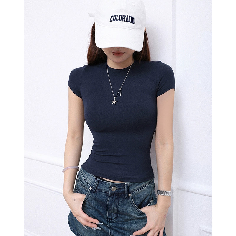 Solid Color Spice Girl Simple T-Shirt popular Summer New Slim Elastic Waist Short Sleeve Versatile Top Women
