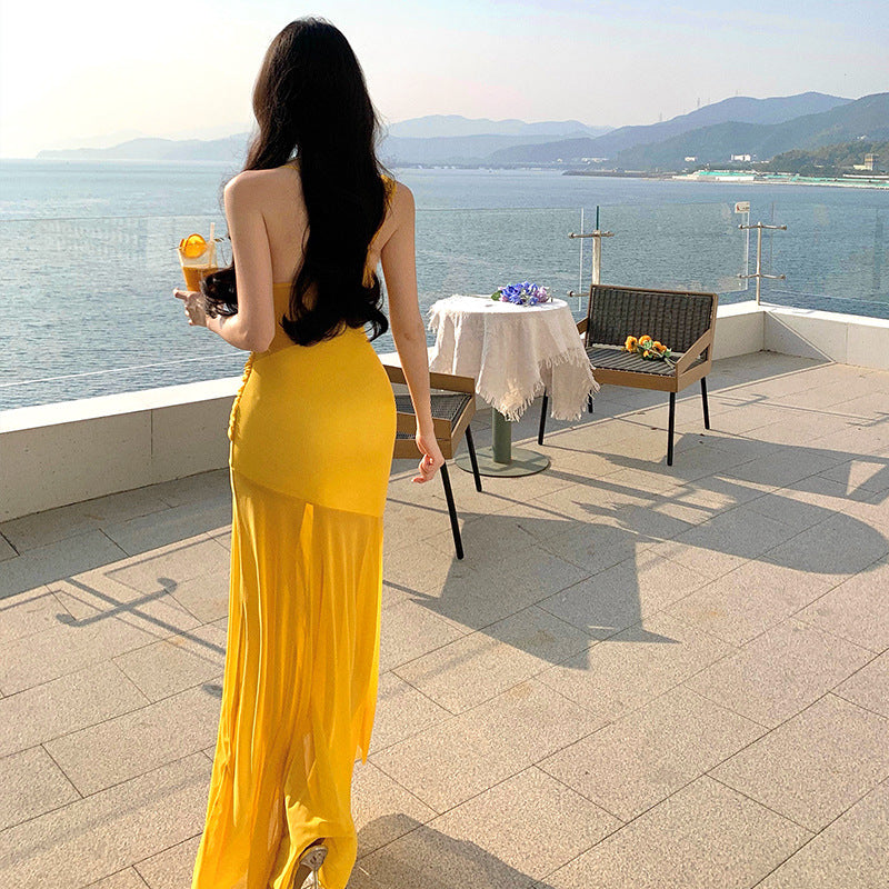 Thailand travel vacation photo beach dress pure desire sexy mesh diagonal shoulder suspender dress slim hip wrap dress