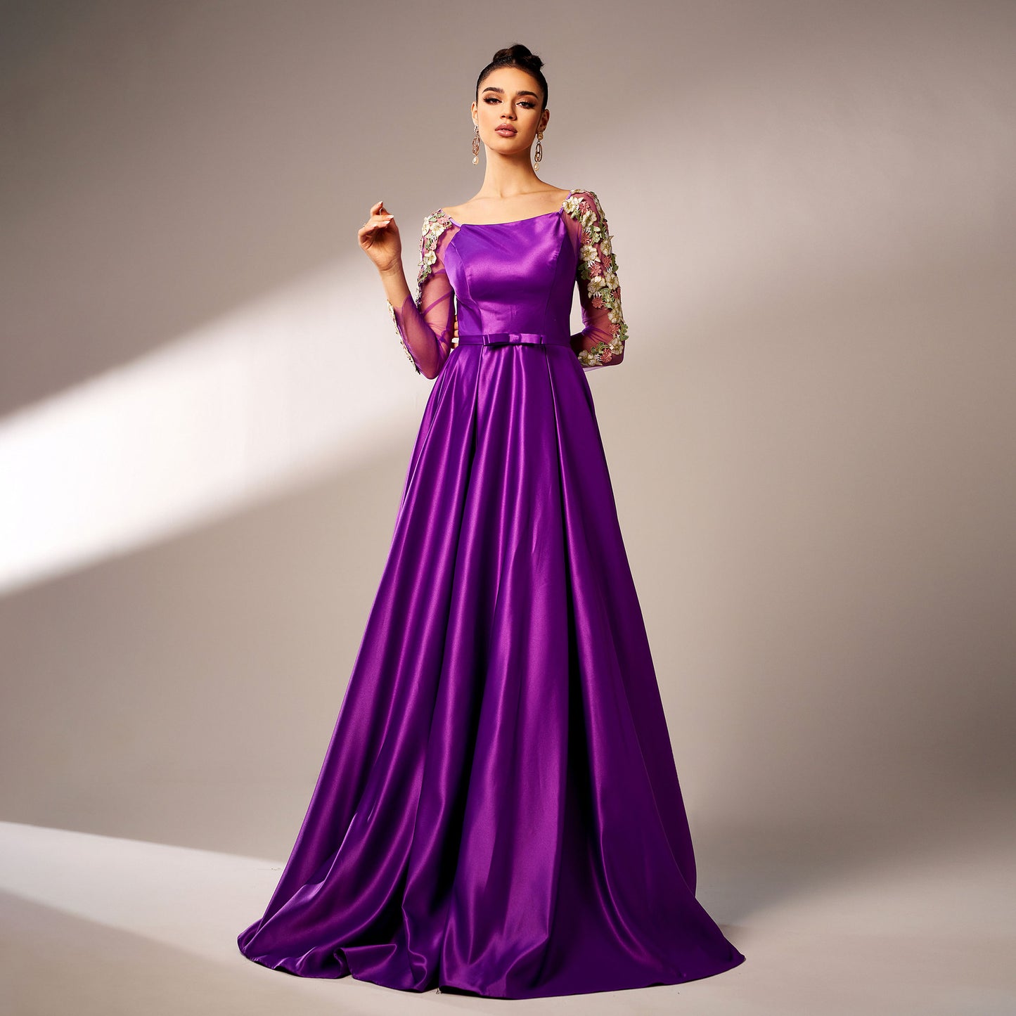 2025 new high-end long-sleeved square collar banquet applique waist pendulum evening dress bridesmaid dress women