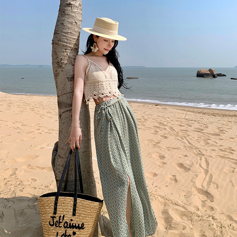 2025 High-waisted wide-leg pants women's summer Yunnan Xishuangbanna vacation culottes drape and elegant floor-mopping trousers open-ended beach pants
